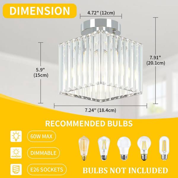ZSMIHDOH 7.24 in. 1-Light Nickel Square Crystal Semi Flush Mount