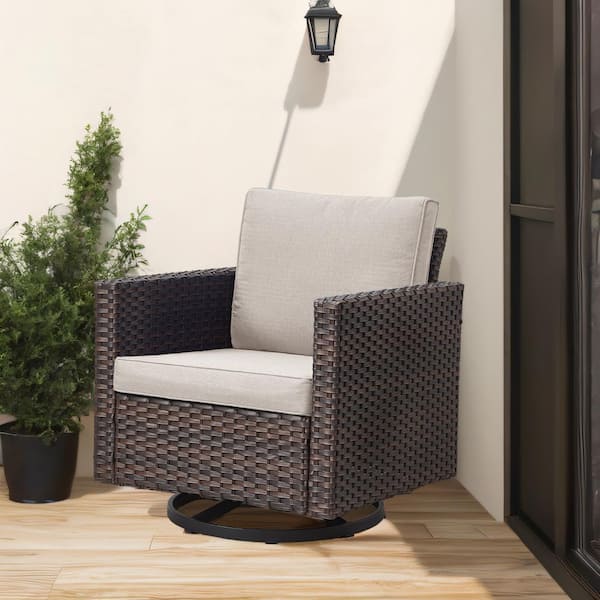U-Weave Metal and Brown Wicker Outdoor Rocking Chair Patio Swivel Chairs with Olefin Beige Cushions