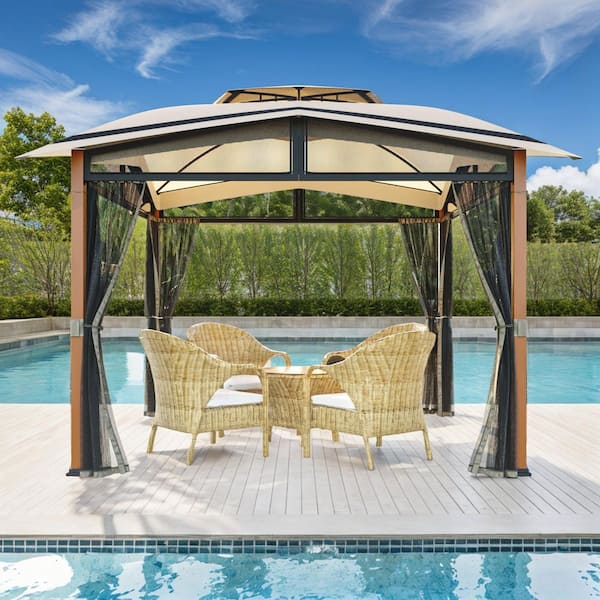 11 ft. x 11 ft. Beige Outdoor Patio Steel Frame Soft Top 2-tier Gazebo with Mosquito Netting and Canopy Top