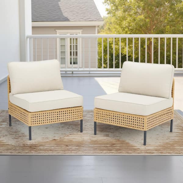 2-Piece Yellow Wicker Outdoor Sectional Sofa with Beige Cushions, Armless Chair