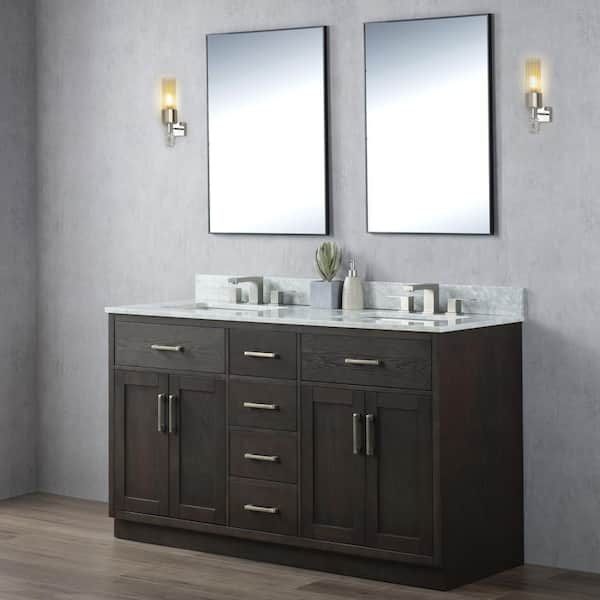 DESwan 60 in. W x 22 in. D x 34.3 in. H Double Sink Freestanding Bath Vanity in Coffee with White Carrara Marble Top