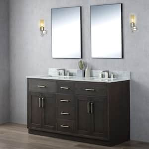 60 in. W x 22 in. D x 34.3 in. H Double Sink Freestanding Bath Vanity in Coffee with White Carrara Marble Top