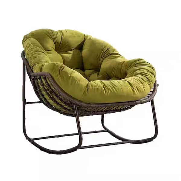 Wicker Indoor/ Outdoor Rocking Chair Patio Rocking Egg Chair Large Rocker Lounge Chair with Olive Cushion