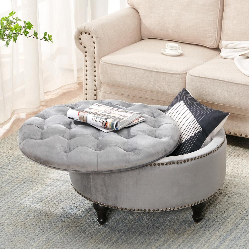 Elegant Gray 30" Button Tufted Round Storage Ottoman
