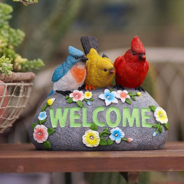 7 in. x 6 in. Resin Multi-Colored Solar Birds Garden Statue with
