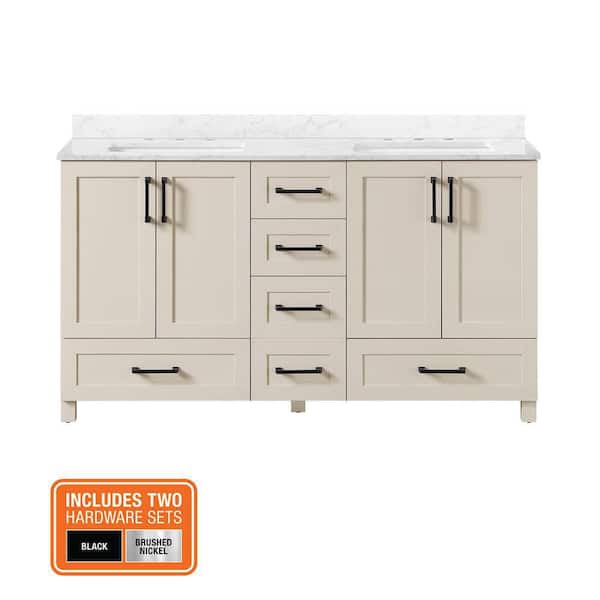 Tobana 60 in. Double Sink Beige Bath Vanity with White Engineered Marble Top (Assembled)