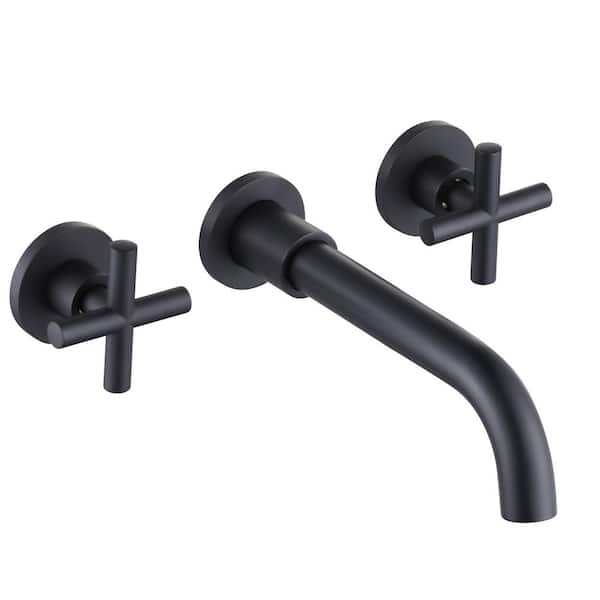 IVIGA Brass 8" Double Handle Wall Mounted Bathroom Faucet with Brass Rough-in Valve, 2-Aerators and Flange in Matte Black
