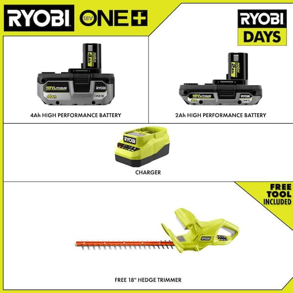 ONE+ 18V HIGH PERFORMANCE Kit w/ 4.0 Ah Battery, 2.0 Ah Battery, Charger, & FREE ONE+ Cordless 18" Hedge Trimmer