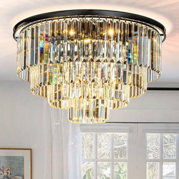 ALOA DECOR 31.5 in. 8-Lights Modern Matte Black 4-Tier Round Crystal ...