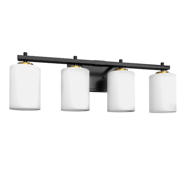 Briignite 24 in. 4-Light Black and Gold Bathroom Vanity Light for Powder Room or Dressing Room with Frosted Glass Shade