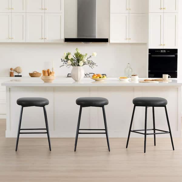 Nolan 24 in.H Black Faux Leather Metal Frame Swivel Counter Height Bar Stool with Round Seat for Kitchen Set of 3