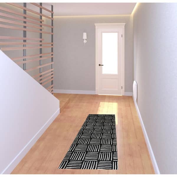 6 ft. Black and Off White Abstract Machine Tufted Washable Runner Rug With UV Protection