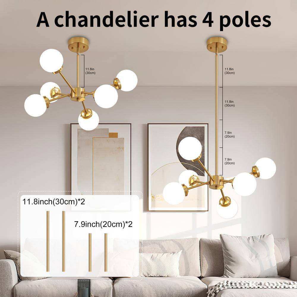 Adjustable Brass Sputnik Chandelier with Milk Glass Shades
