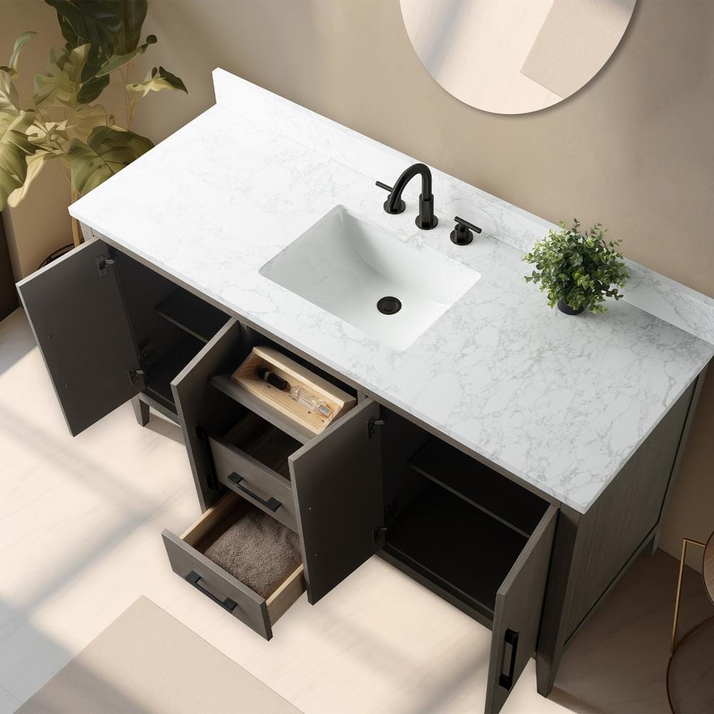 60'' Driftwood Gray MDF Single Sink Freestanding Bathroom Vanity with Engineered Marble Top