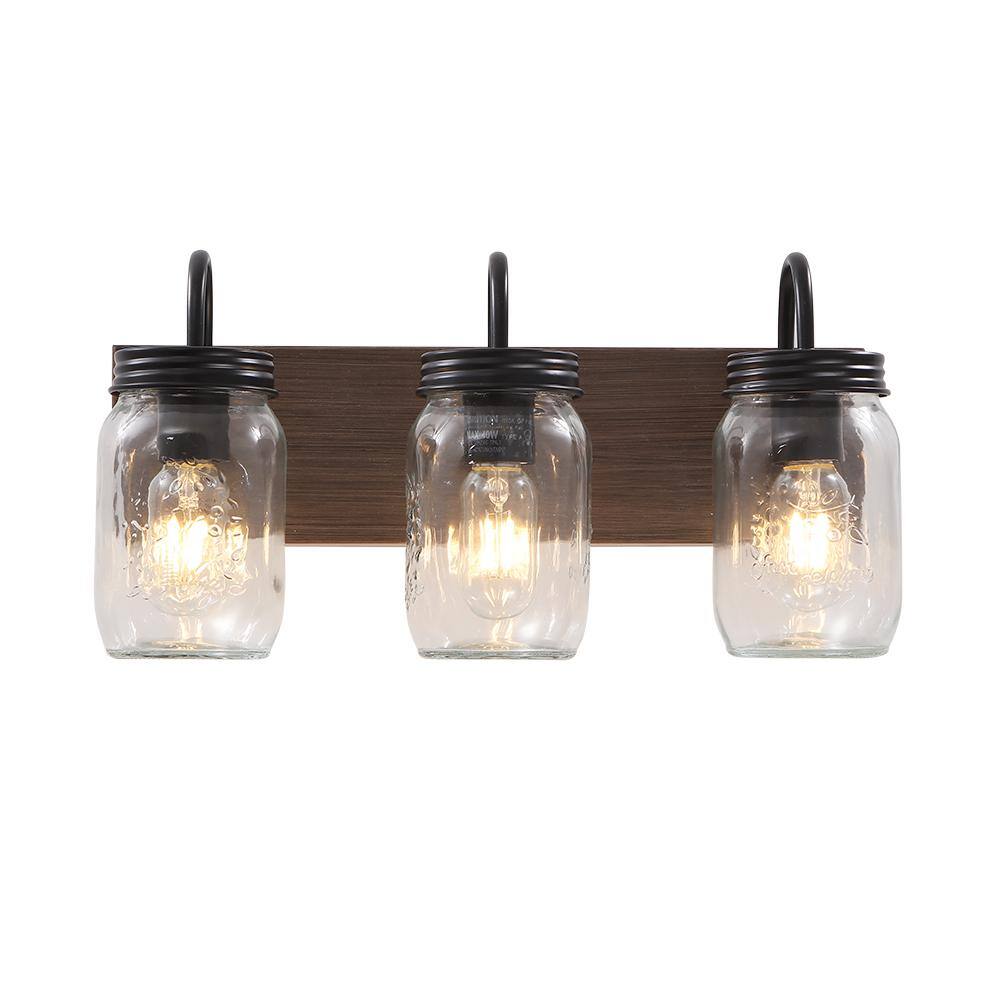 Houtzdale 18 in. 3-Light Rustic Dark Black Farmhouse Bathroom Mason Jar Van