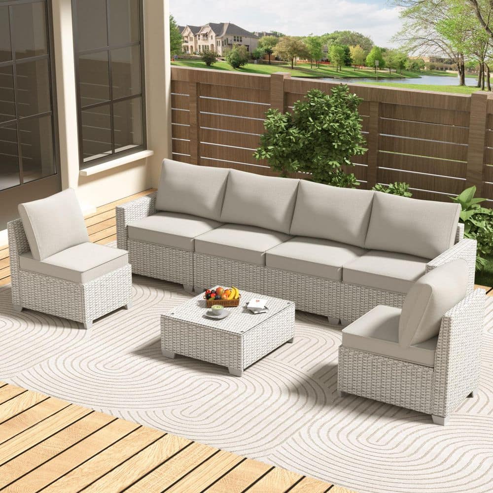 Runesay 7-Piece White Wicker Outdoor Sectional Set with Khaki