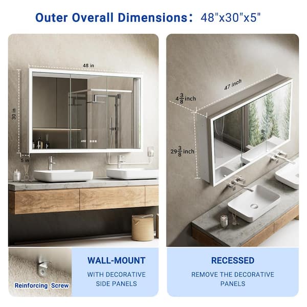 Elega 48 in. W x 30 in. H Rectangular Aluminum Recessed/Wall Mount Dimmable Fogless Lighted Medicine Cabinet with Mirror