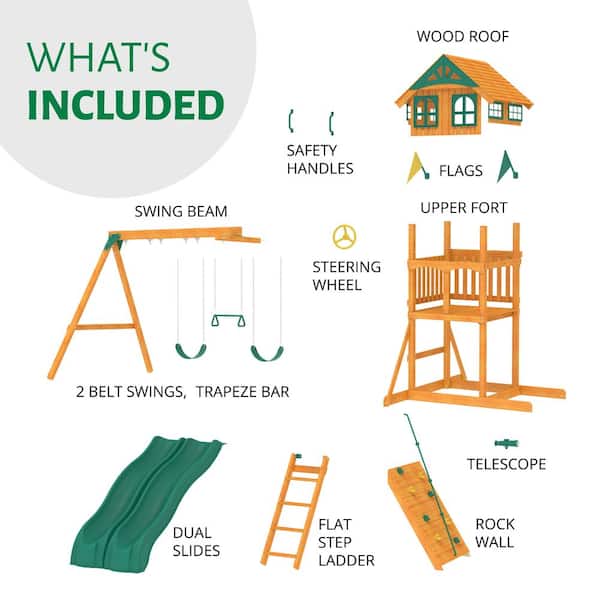 Assembly Included Outing III - Outdoor Wooden Playground with Swing Set and Dual Slides