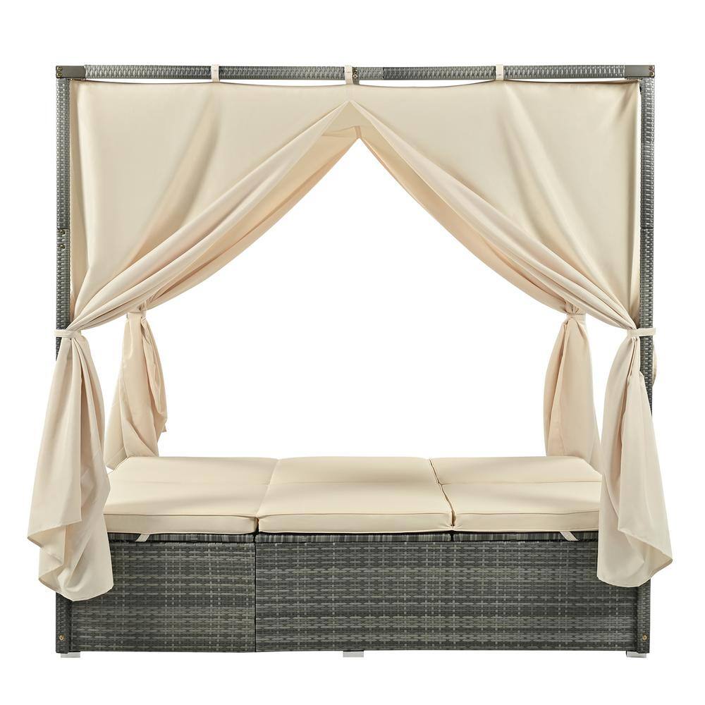 2-Person Gray Wicker Patio Outdoor Sunbed Day Bed with Beige Cushions and Curtains price history on PriceWatchPro
