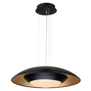 PCover 23.6 in. 1-Light UFO-Shape Black and Gold Foil Dimmable Integrated LED Pendant Light for Kitchen Island