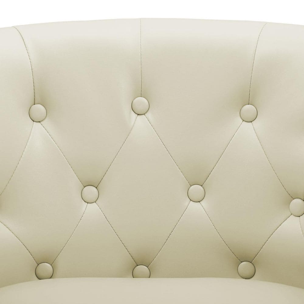 Cream Tufted Faux Leather Loveseat with Wooden Legs