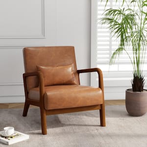 Light Brown Faux Leather Upholstered Accent Arm Chair with Dark Rubber Wood Frame (Set of 1)