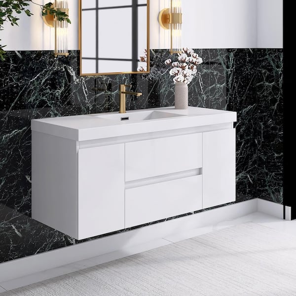 JimsMaison Angela 48 in. W x 19.5 in. D x 22.5 in. H Bathroom Vanity in High Gloss White with White Cultured Marble Top JM 83S 48 W The Home Depot