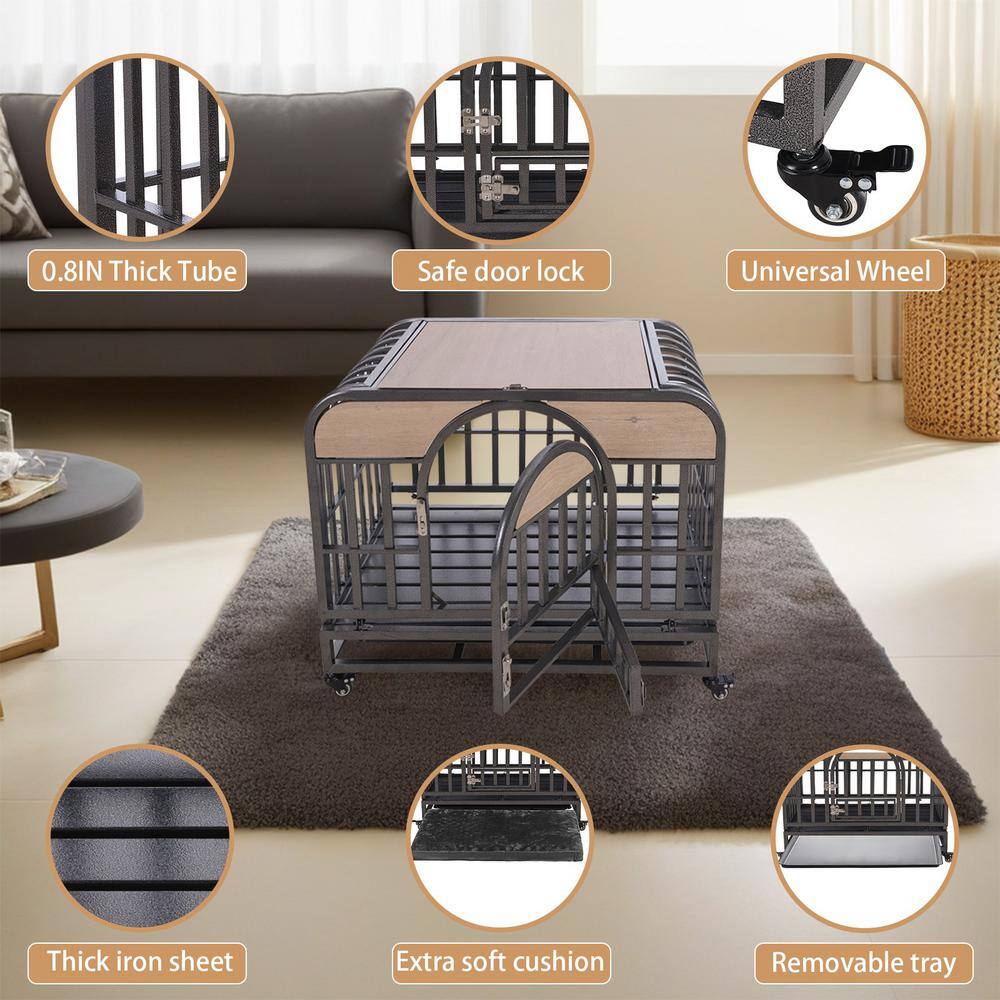 37-Inch Gray Rolling Heavy-Duty Dog Crate with Removable Trays