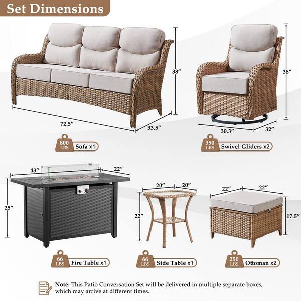 MoonLuxe Yellow Wicker Fire Pit Conversation Set with Beige Olefin 6 in. Thick Cushions Patio Swivel Chairs (7-Piece)