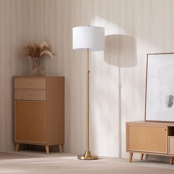 63.5 in. Antique Brass Adjustable Standard Floor Lamp with White Linen Shade