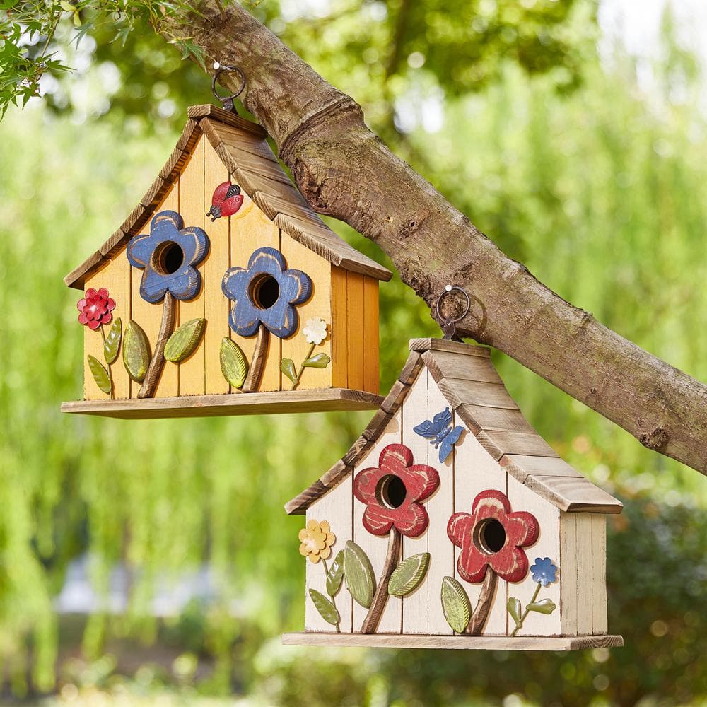 Distressed White Wooden Two-Story Garden Birdhouse with 3D Flowers
