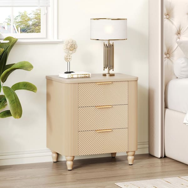 Attwell Modern Champagne 3-Drawers Wood Nightstand with Gourd Legs, Wavy Groove Design