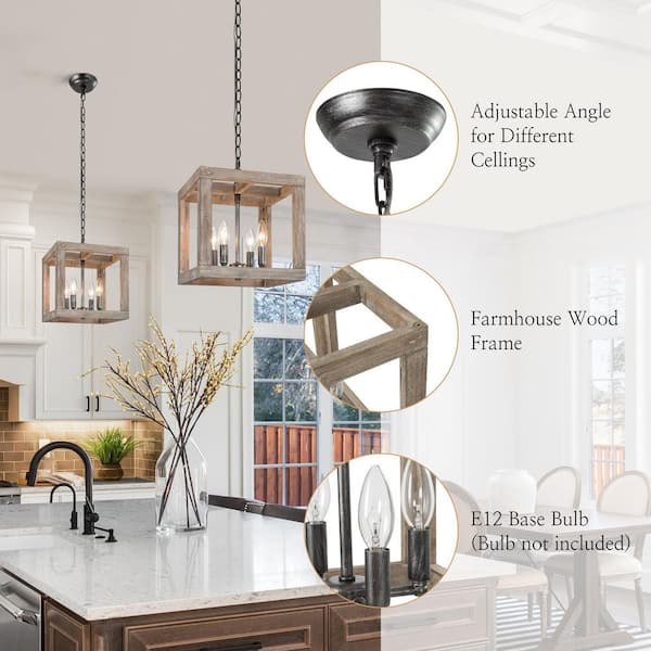 Farmhouse Wood Lantern Dining Room Chandelier Niki 4-Light Rustic Cage Island Chandelier Pendant Light
