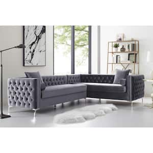 Olivia Gray/Silver Velvet 4-Seater L-Shaped Right-Facing Sectional Sofa with Nailheads