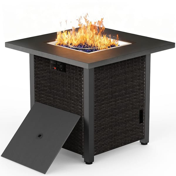 28 in. 50,000 BTU outdoor square rattan propane gas fire pit table with lid and glass stone
