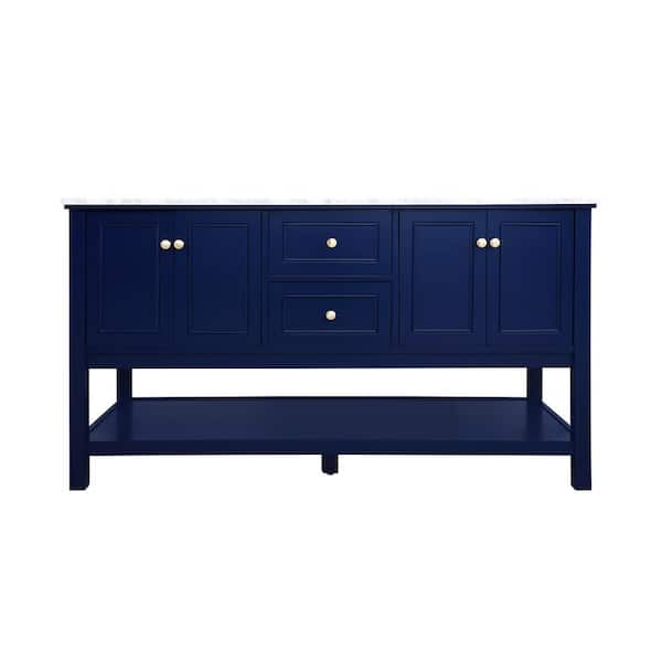 Unbranded Simply Living 60 in. W x 22 in. D x 34 in. H Bath Vanity in Blue with Carrara White Marble Top