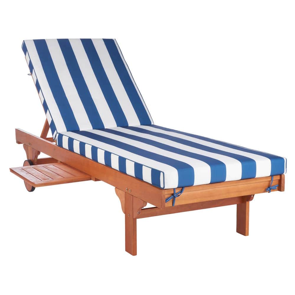Natural Eucalyptus Wood Chaise Lounge with Blue and White Cushions