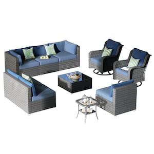 Athena Gray 10-Piece Wicker Outdoor Patio Conversation Seating Set with Denim Blue Cushions