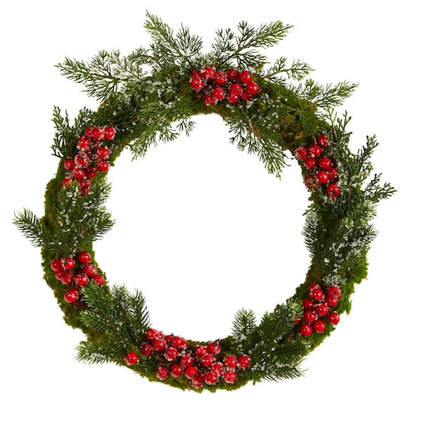 Nearly Natural 20 in. Iced Pine and Berries Artificial Christmas Wreath