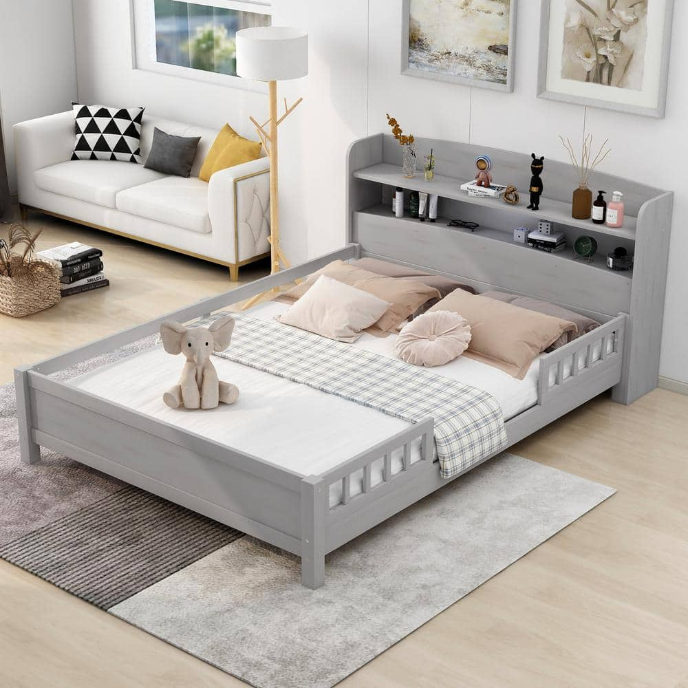 Harper & Bright Designs Antique Gray Wood Frame Full Size Platform Bed ...