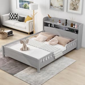 Antique Gray Wood Frame Full Size Platform Bed with Guardrail, Storage Headboard and Built-in LED Light