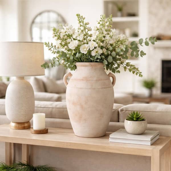 19 in. Red Ceramic Round Weathered Decorative Vase