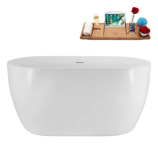 48 in. x 26 in. Acrylic Freestanding Soaking Bathtub in Glossy White with Brushed Nickel Drain, Bamboo Tray