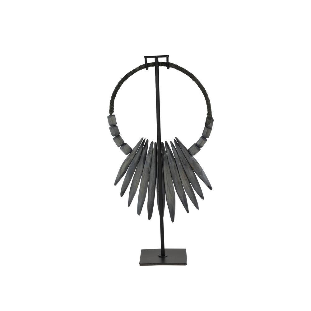 Gray Teak Wood Tribal Necklace Sculpture with Stand