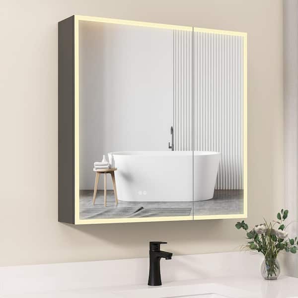 NTQ 32 in. W x 30 in. H Defogging Rectangular Black Aluminum Dimmable LED Bathroom Medicine Cabinet with Mirror and Lights