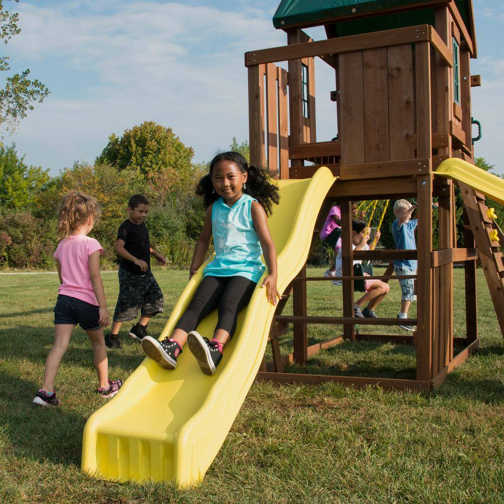 Castlebrook Wooden Swing Set with Yellow Slides and Climbing Wall