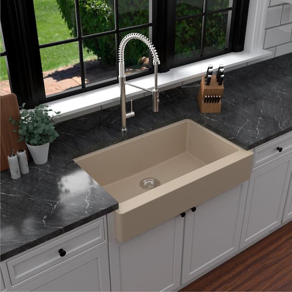 Karran Retrofit Farmhouse/Apron-Front Quartz Composite 34 in. Single Bowl Kitchen Sink in Bisque