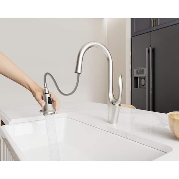 Single-Handle 18 in. H Pull Down Sprayer Kitchen Faucet with 360° Spout Swivel and Dual Spray in Brushed Nickel