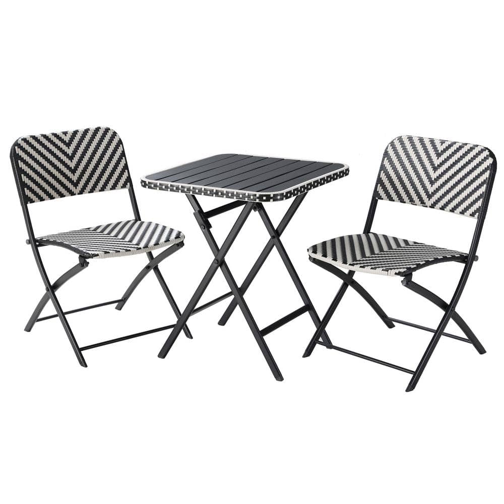 Foldable Wicker Black & White 3 Piece Metal Outdoor Bistro Set