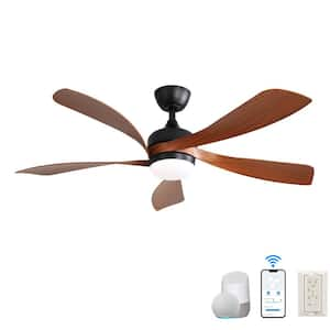 52 in. Smart Indoor/Outdoor Black and Brown Ceiling Fan Integrated LED with Light Kit and Remote/App Control